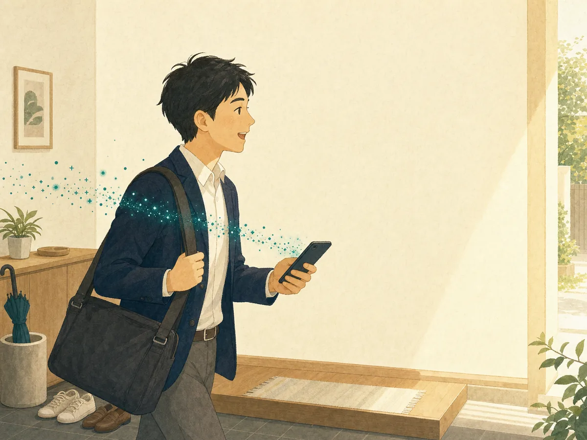 朝の玄関先で、通勤バッグを肩に掛けた父親が歩きながらスマートフォンに話しかけている